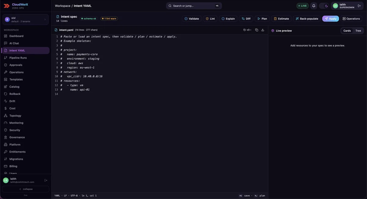 ZeroOps Intent YAML editor with validate, lint, explain, diff, plan, estimate and apply actions