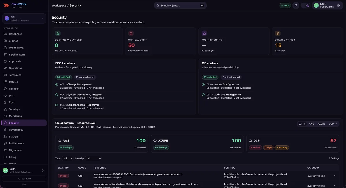 ZeroOps security page: control violations, compliance coverage for SOC 2 and CIS, and per-cloud posture scores with findings